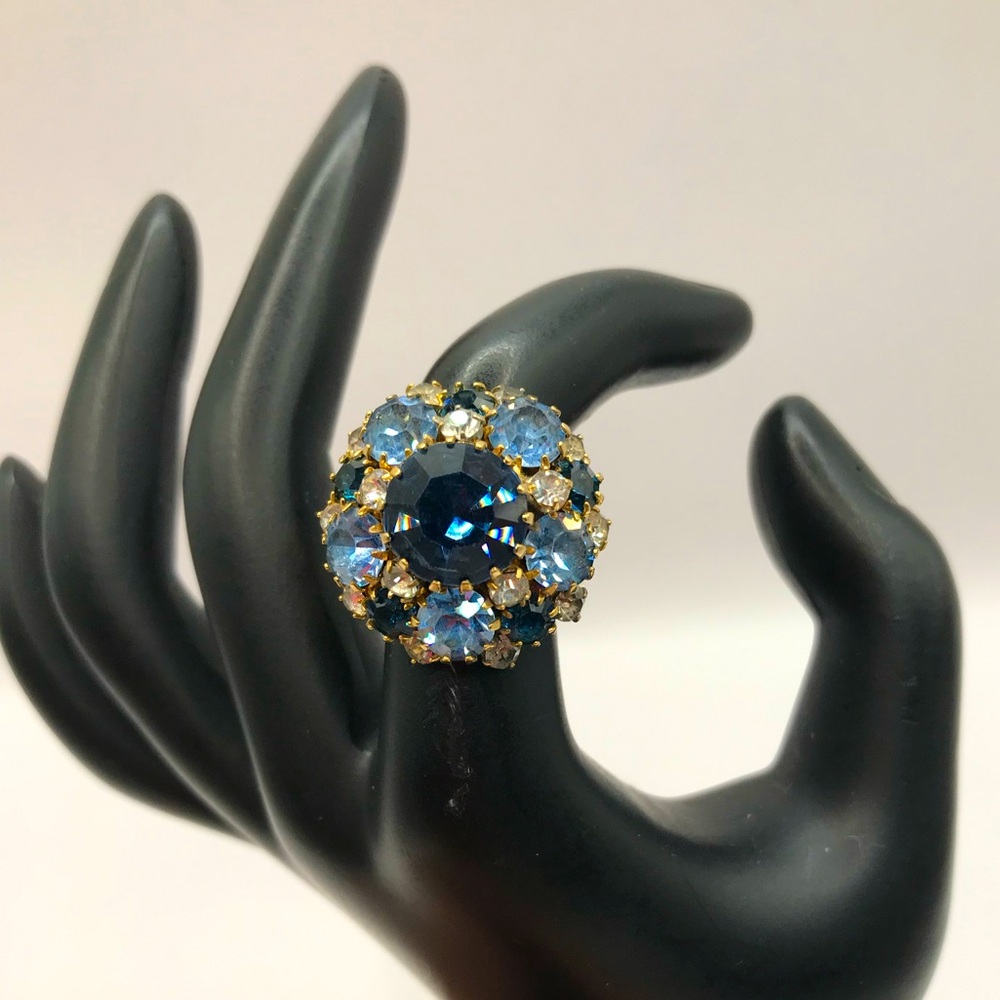 Gold-Tone Blue Crystal Cluster Ring